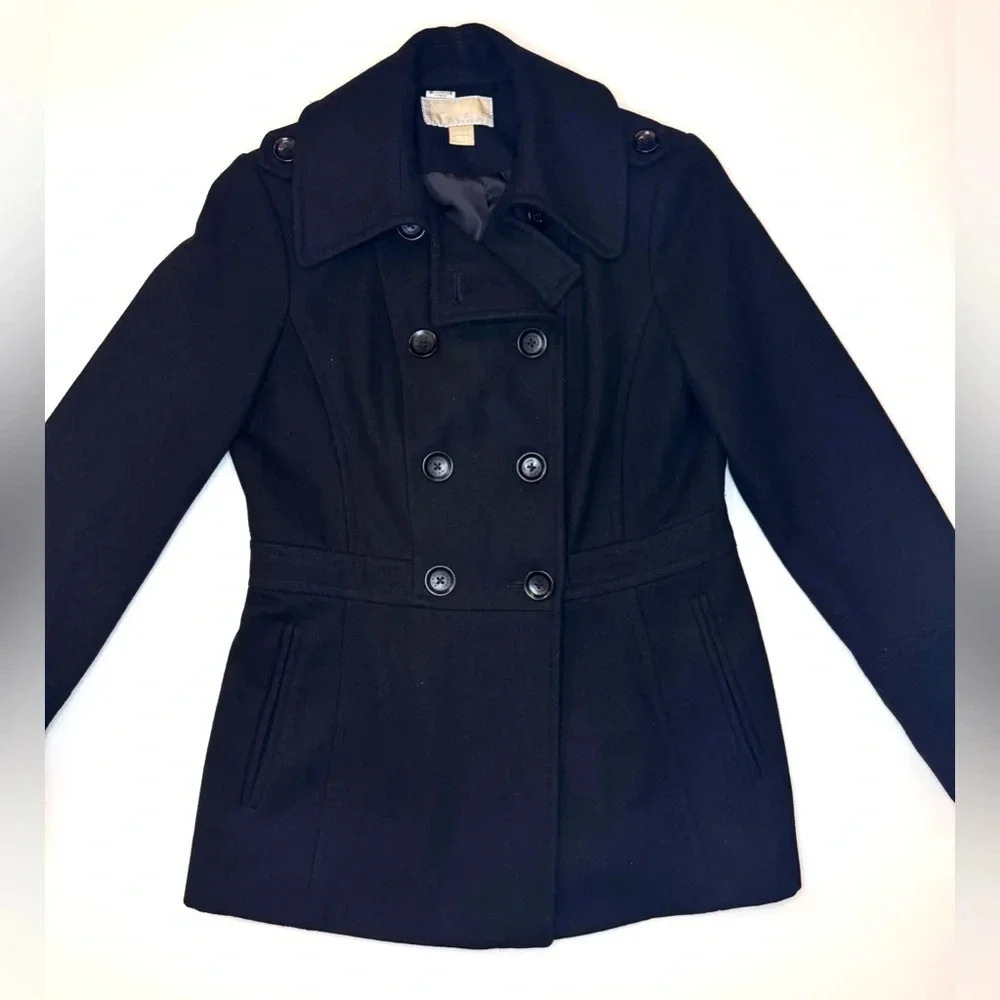 Michael Kors Women’s Black Wool Blend Double Breasted Pea Coat Size - Small - Picture 2 of 11